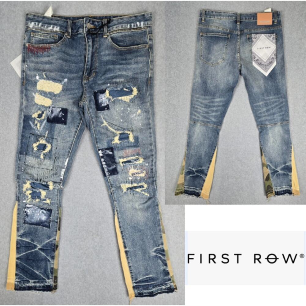 First Row Mens 34x32 Vandalize Ripped and Stitched Straight Slim Jeans